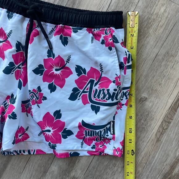 AussieBum Swim Shorts Size L Floral Hibiscus Print White Pink Black Drawstring - Picture 8 of 9
